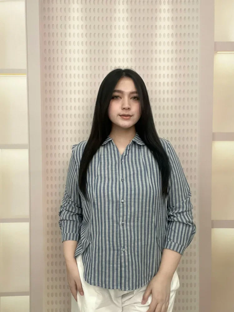 FADFAD Atasan kemeja retro mode baru pakaian wanita motif bergaris gaya kekinian