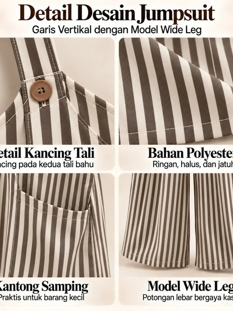 [DISKON KILAT]ASAYA Jumpsuit wanita motif garis vertikal model overall wide leg dengan kantong