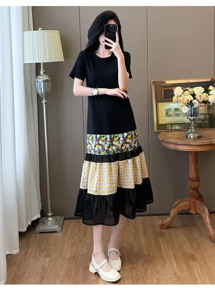 FADFAD Gaun midi patchwork motif bunga slim fit kasual wanita