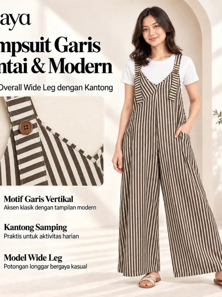 [DISKON KILAT]ASAYA Jumpsuit wanita motif garis vertikal model overall wide leg dengan kantong