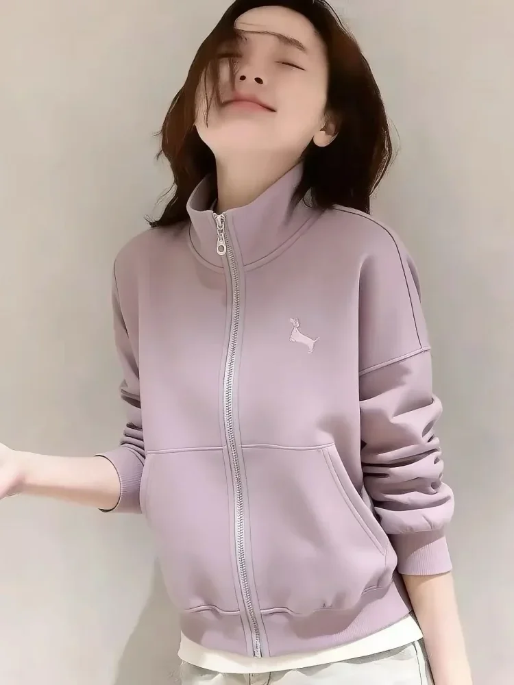 CHICMORE Atasan wanita sweatshirt lengan panjang dengan kerah high neck bergaya simple korea kekinian