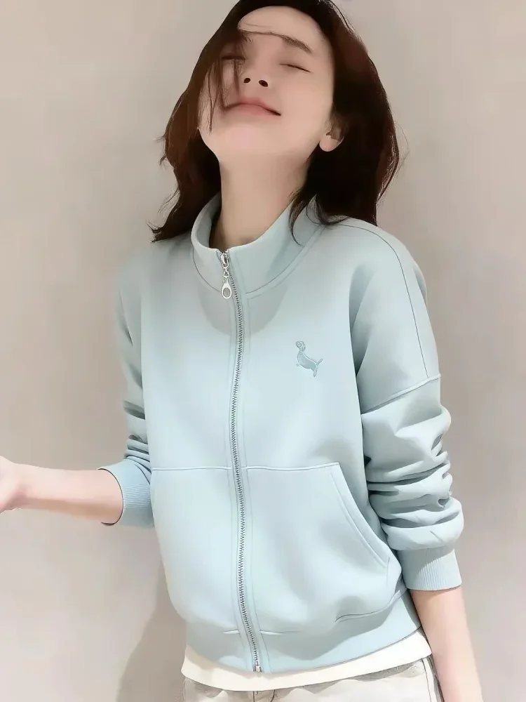 CHICMORE Atasan wanita sweatshirt lengan panjang dengan kerah high neck bergaya simple korea kekinian