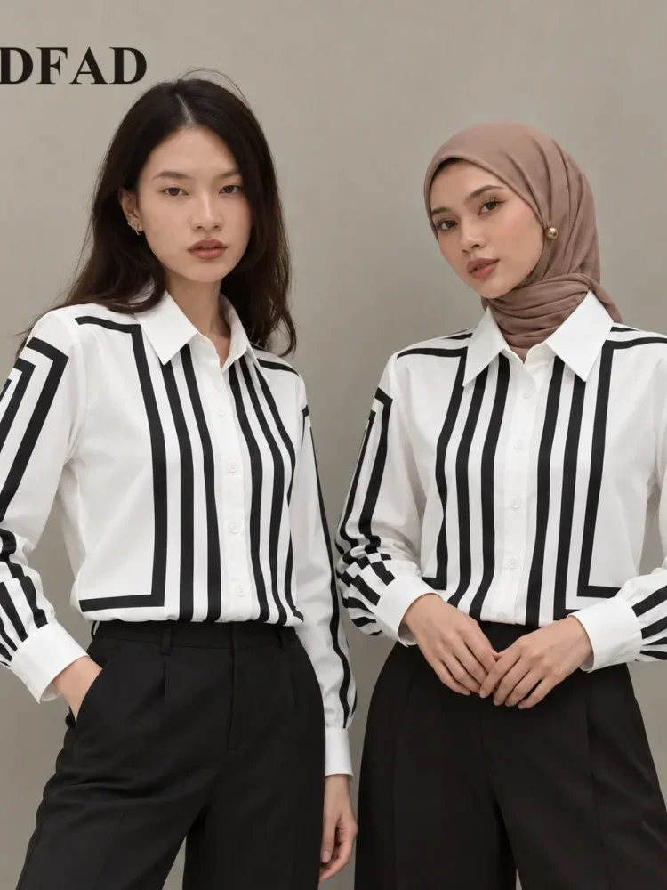[READY STOCK]FADFAD Atasan kemeja kasual kerah polo kancing sebaris lengan panjang motif bergaris
