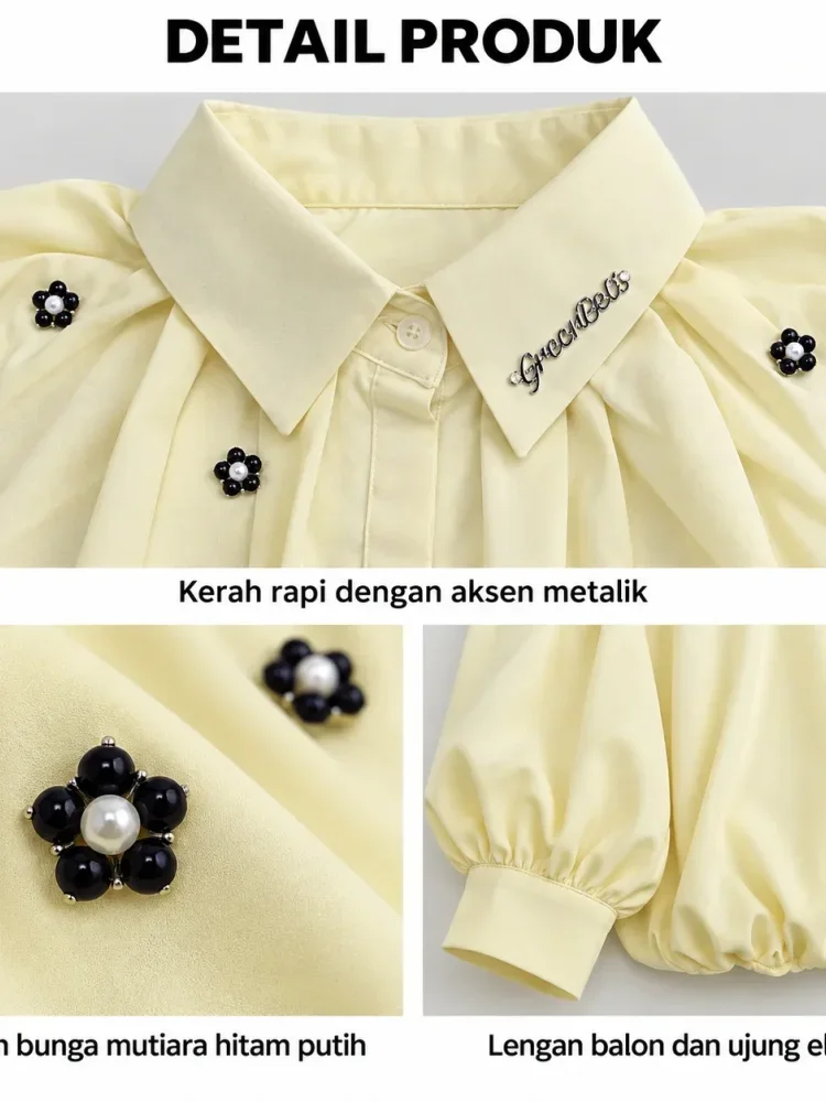 [DISKON KILAT]CHICMORE Atasan kemeja wanita pendek desain bunga lengan panjang gaya retro