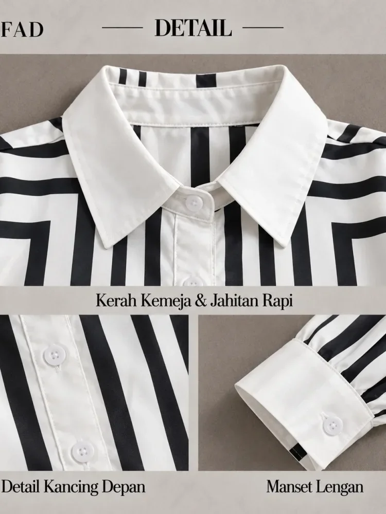 [READY STOCK]FADFAD Atasan kemeja kasual kerah polo kancing sebaris lengan panjang motif bergaris