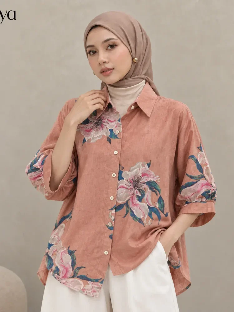 [DISKON KILAT]ASAYA Atasan kemeja longgar motif bunga mewah dan kancing sebaris
