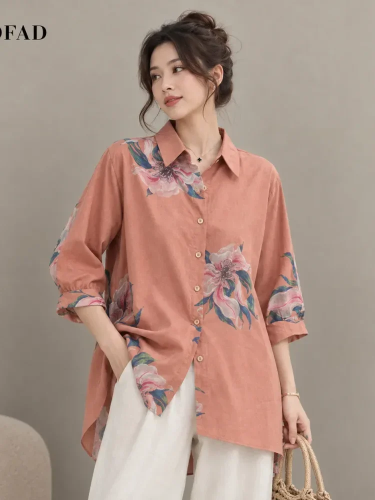 [DISKON KILAT]ASAYA Atasan kemeja longgar motif bunga mewah dan kancing sebaris