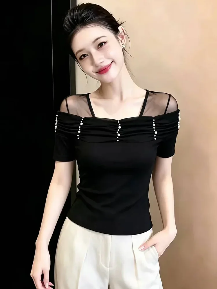 FADFAD Atasan wanita lengan pendek warna solid dengan gaya modern minimalis
