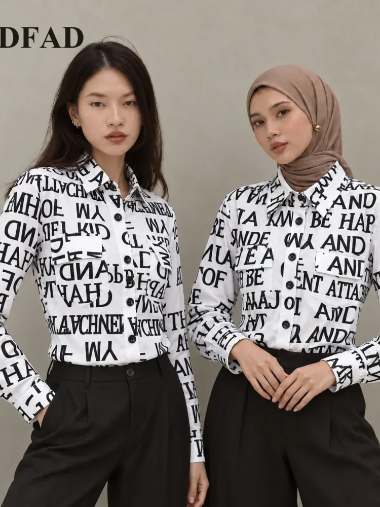 [DISKON KILAT]FADFAD Atasan kemeja motif cetak lengan panjang kancing aktif dan gaya modern