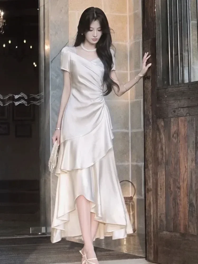 CHICMORE Gaun rok panjang modis lengan pendek elegan mewah
