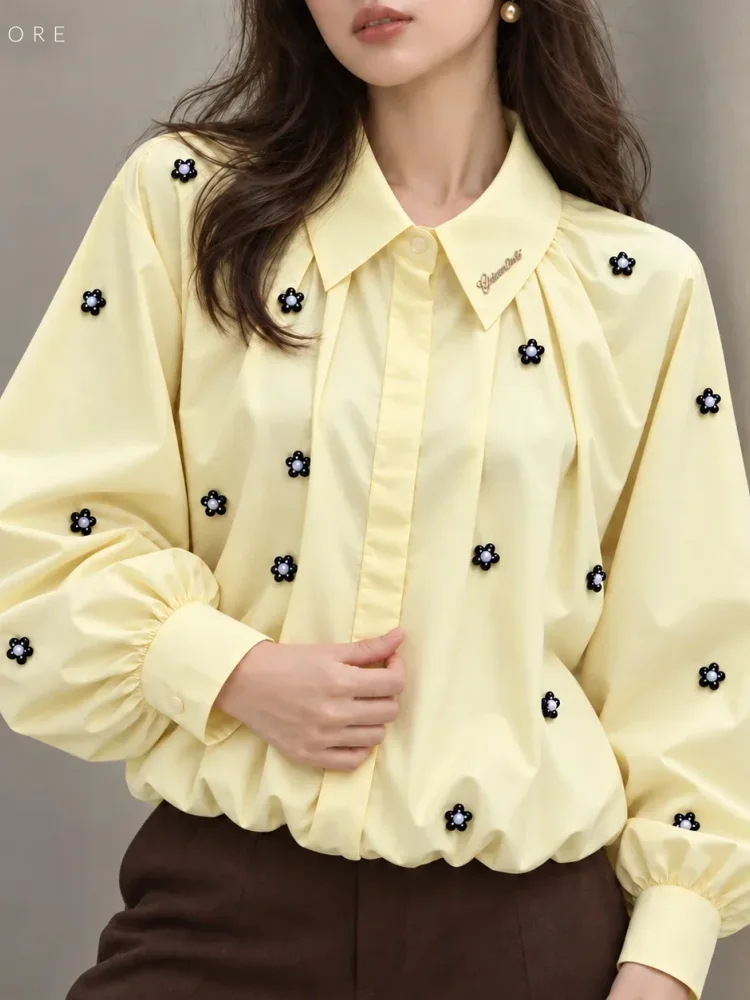 [DISKON KILAT]CHICMORE Atasan kemeja wanita pendek desain bunga lengan panjang gaya retro