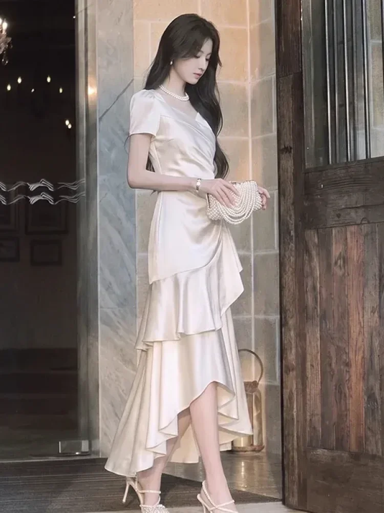 CHICMORE Gaun rok panjang modis lengan pendek elegan mewah