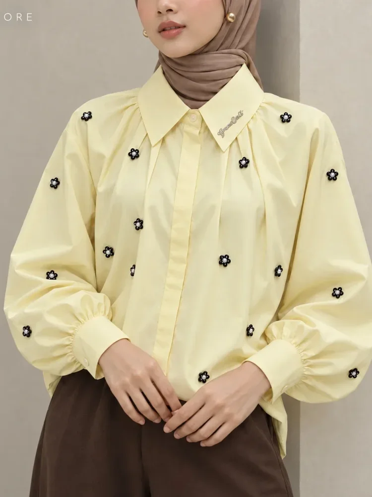 [DISKON KILAT]CHICMORE Atasan kemeja wanita pendek desain bunga lengan panjang gaya retro