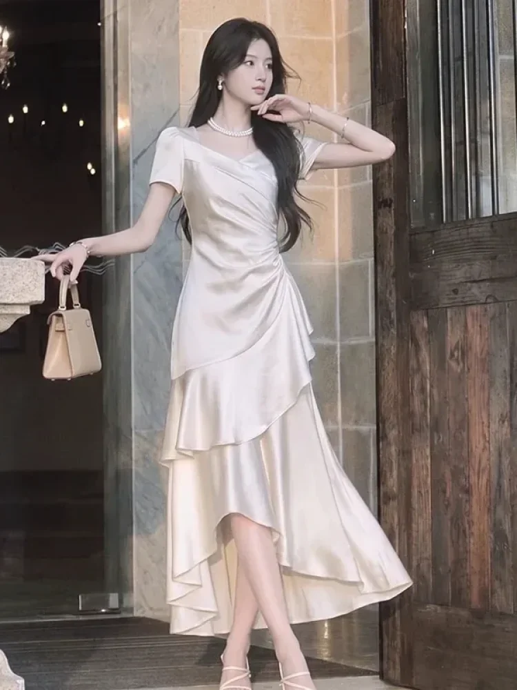 CHICMORE Gaun rok panjang modis lengan pendek elegan mewah