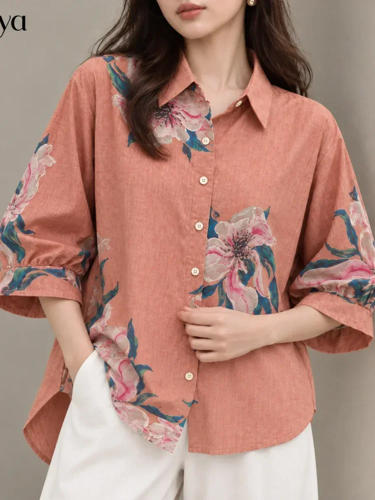 [DISKON KILAT]ASAYA Atasan kemeja longgar motif bunga mewah dan kancing sebaris
