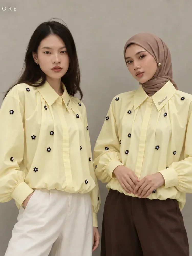 [DISKON KILAT]CHICMORE Atasan kemeja wanita pendek desain bunga lengan panjang gaya retro