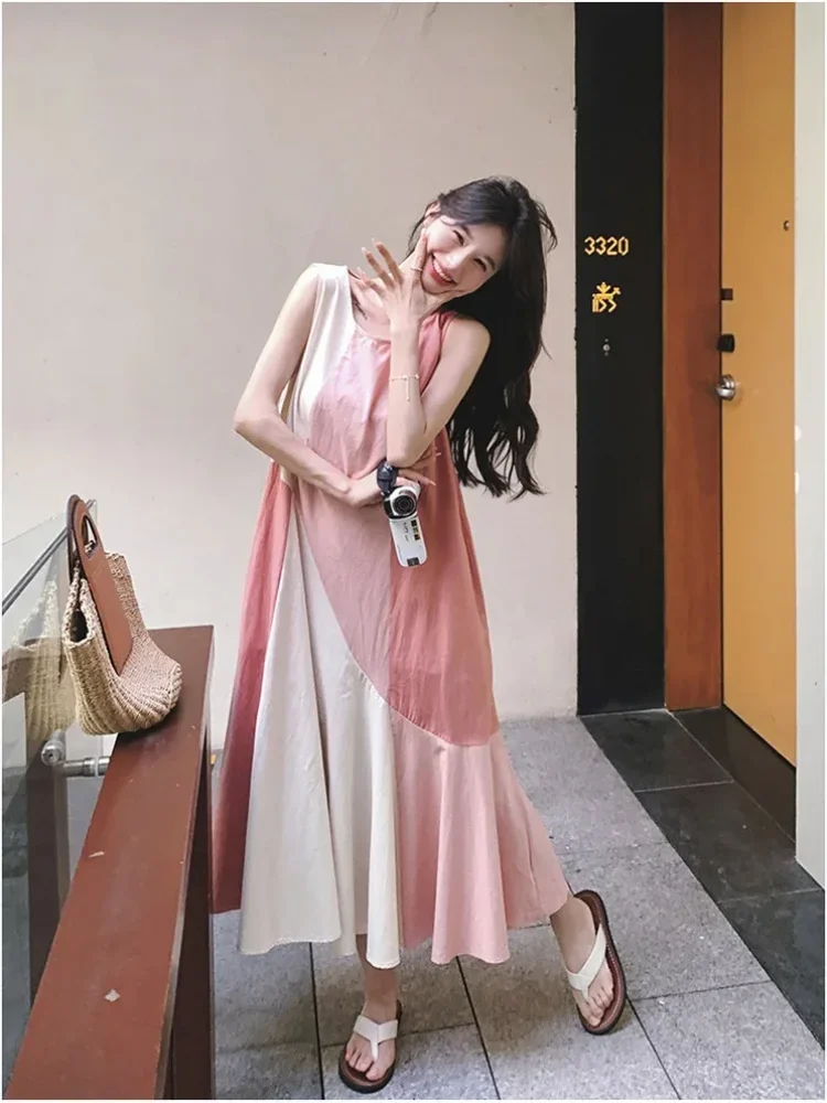 CHICMORE Gaun midi tanpa lengan model longgar warna kontras korean style