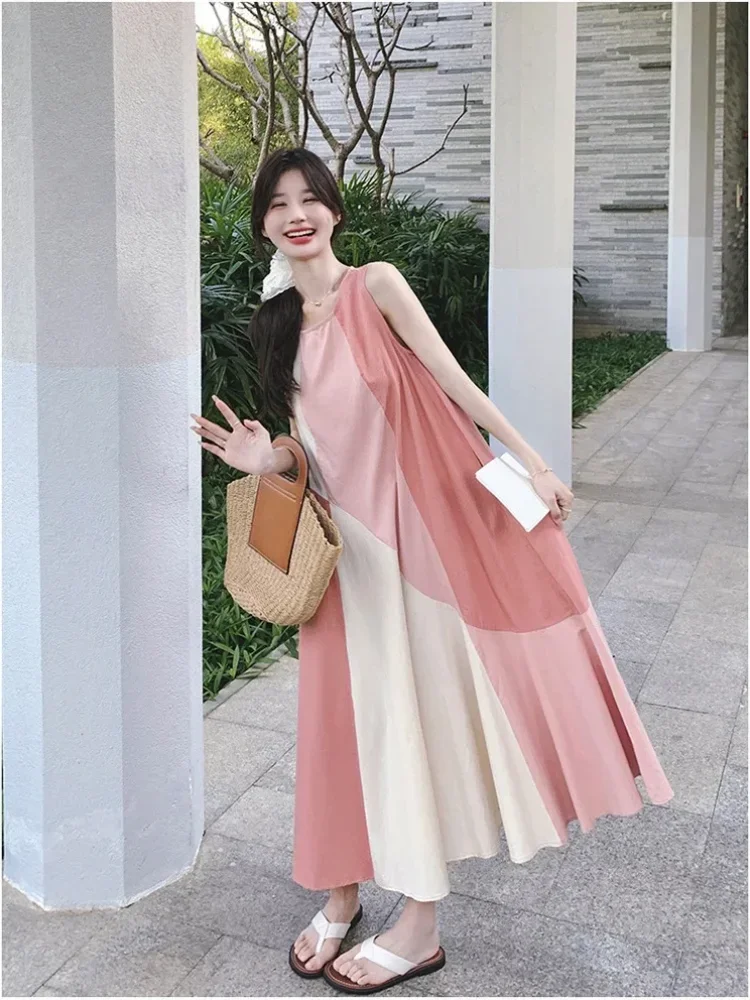 CHICMORE Gaun midi tanpa lengan model longgar warna kontras korean style