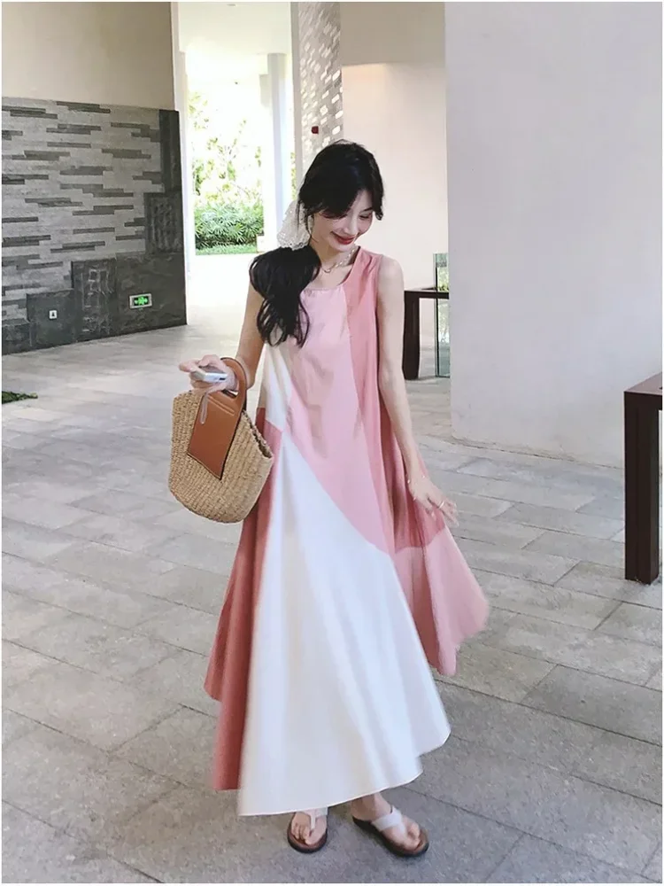 CHICMORE Gaun midi tanpa lengan model longgar warna kontras korean style