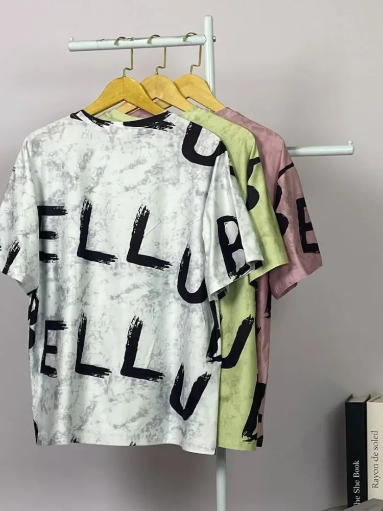 ASAYA Atasan t-shirt lengan pendek dengan kerah bulat bergaya kasual, lembut, tipis, dan bermotif