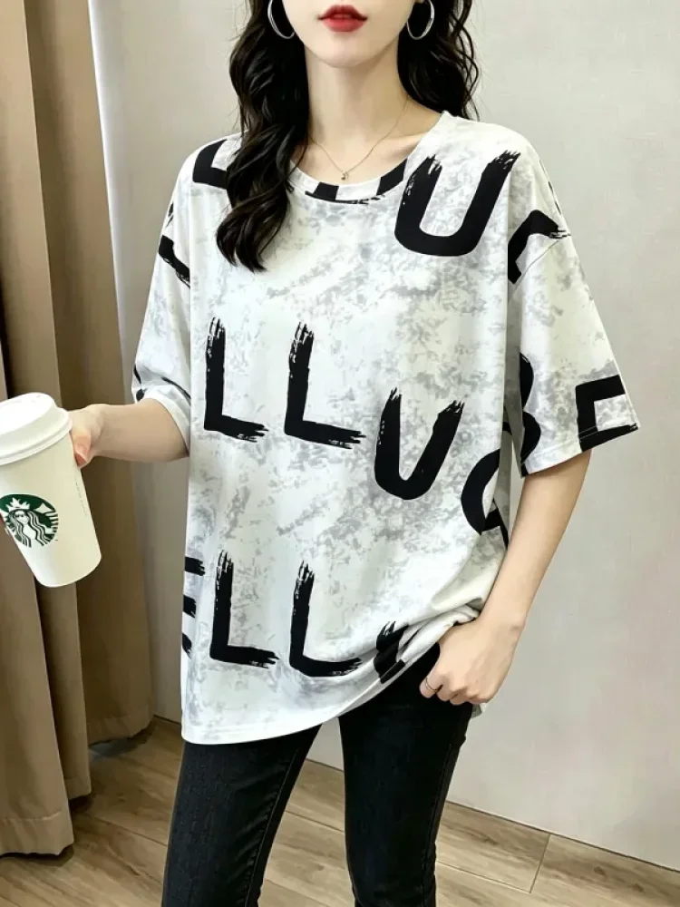 ASAYA Atasan t-shirt lengan pendek dengan kerah bulat bergaya kasual, lembut, tipis, dan bermotif
