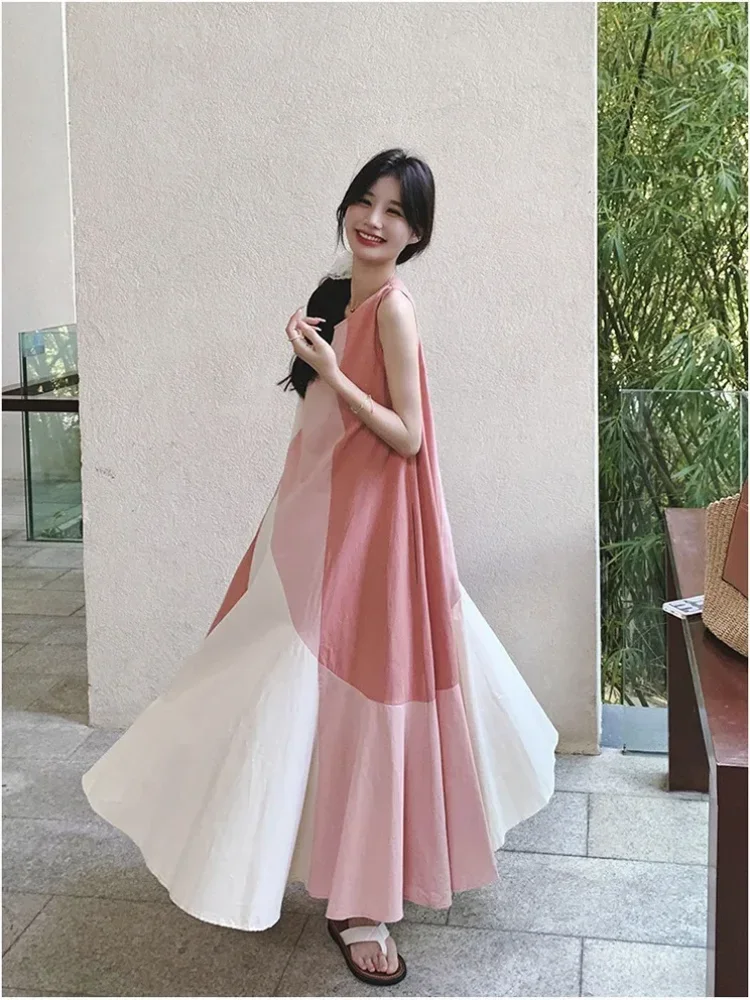 CHICMORE Gaun midi tanpa lengan model longgar warna kontras korean style