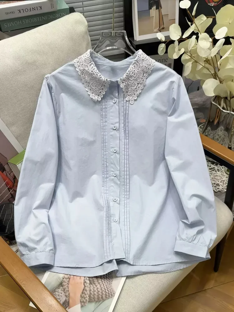 CHICMORE Kemeja wanita ukuran besar dengan kerah dan hiasan lengan panjang elegan cocok untuk bepergian