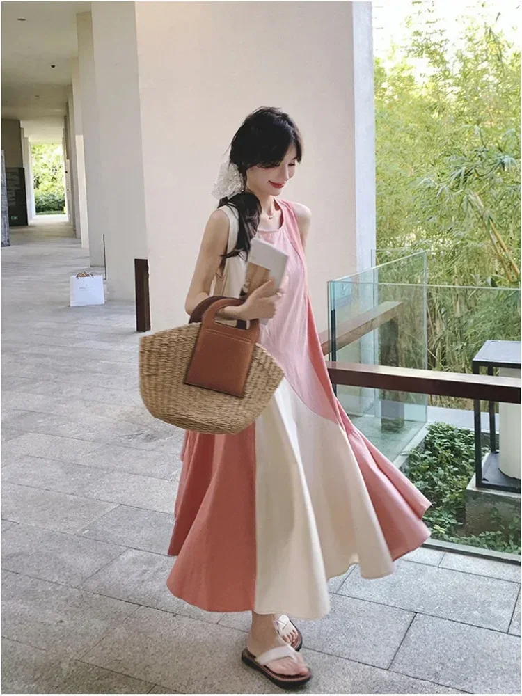 CHICMORE Gaun midi tanpa lengan model longgar warna kontras korean style