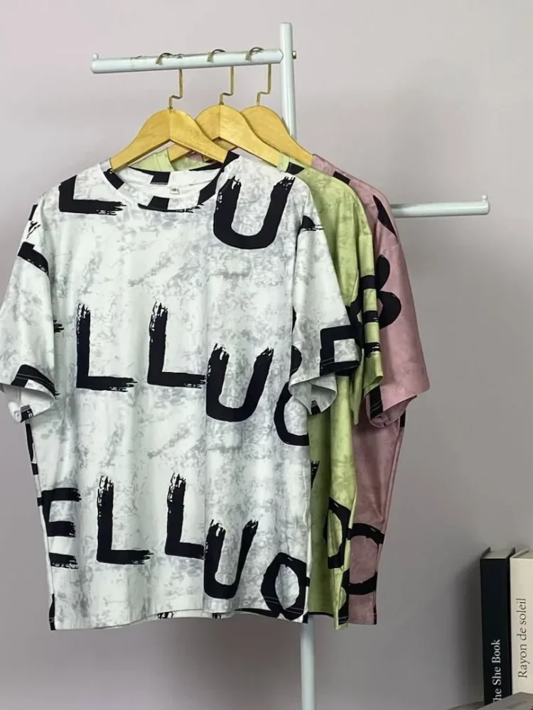 ASAYA Atasan t-shirt lengan pendek dengan kerah bulat bergaya kasual, lembut, tipis, dan bermotif