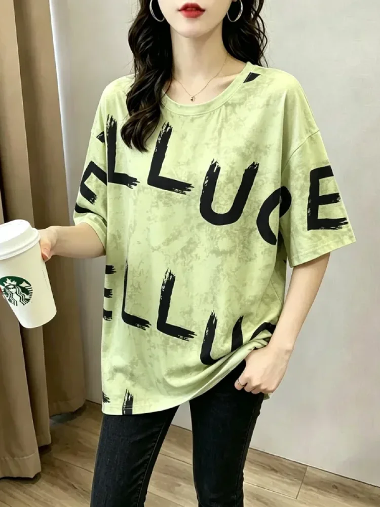 ASAYA Atasan t-shirt lengan pendek dengan kerah bulat bergaya kasual, lembut, tipis, dan bermotif