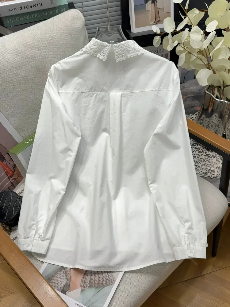CHICMORE Kemeja wanita ukuran besar dengan kerah dan hiasan lengan panjang elegan cocok untuk bepergian