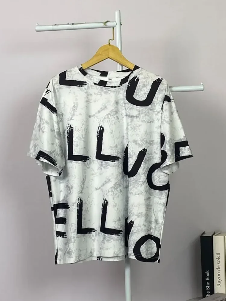 ASAYA Atasan t-shirt lengan pendek dengan kerah bulat bergaya kasual, lembut, tipis, dan bermotif
