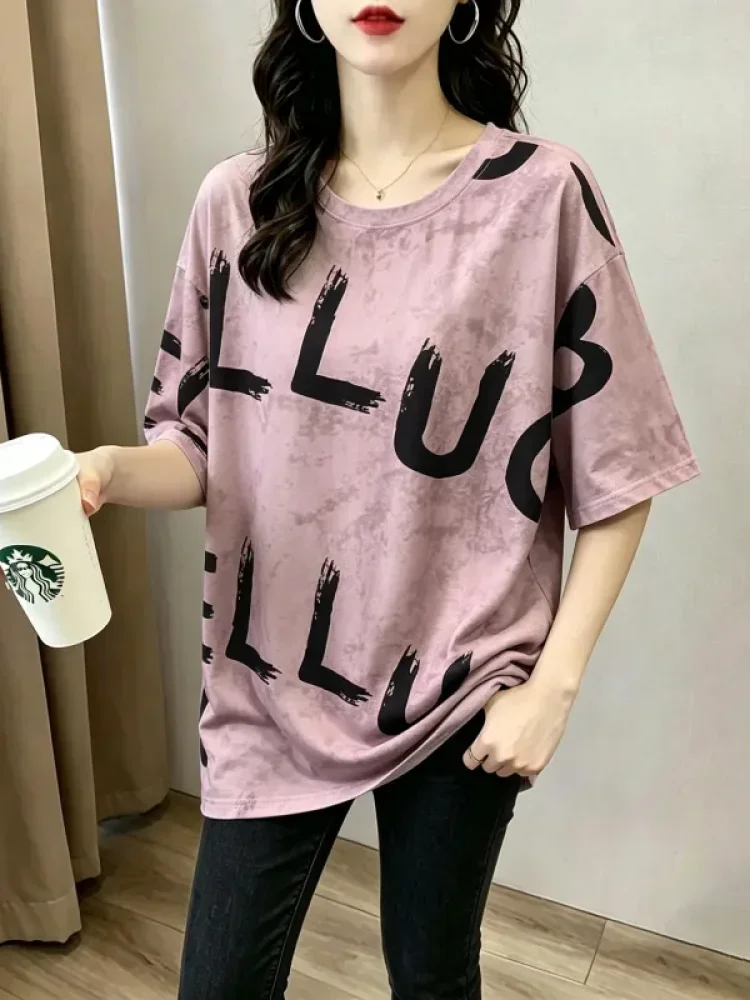 ASAYA Atasan t-shirt lengan pendek dengan kerah bulat bergaya kasual, lembut, tipis, dan bermotif