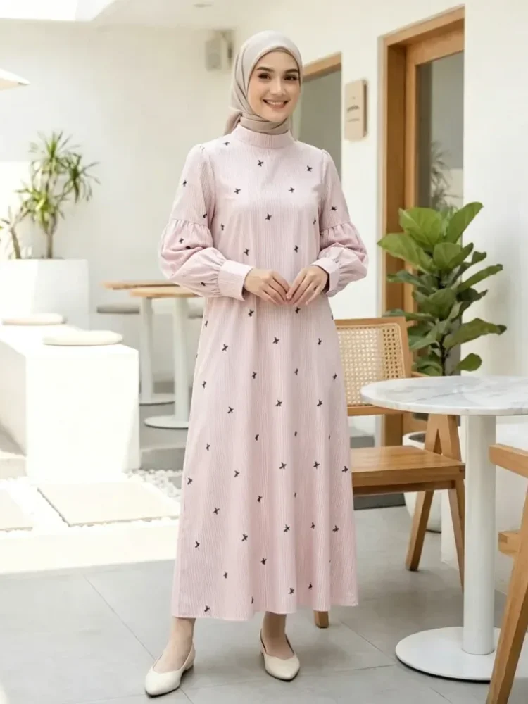 ASAYA Gaun elegan dengan motif posisi mode lengan panjang
