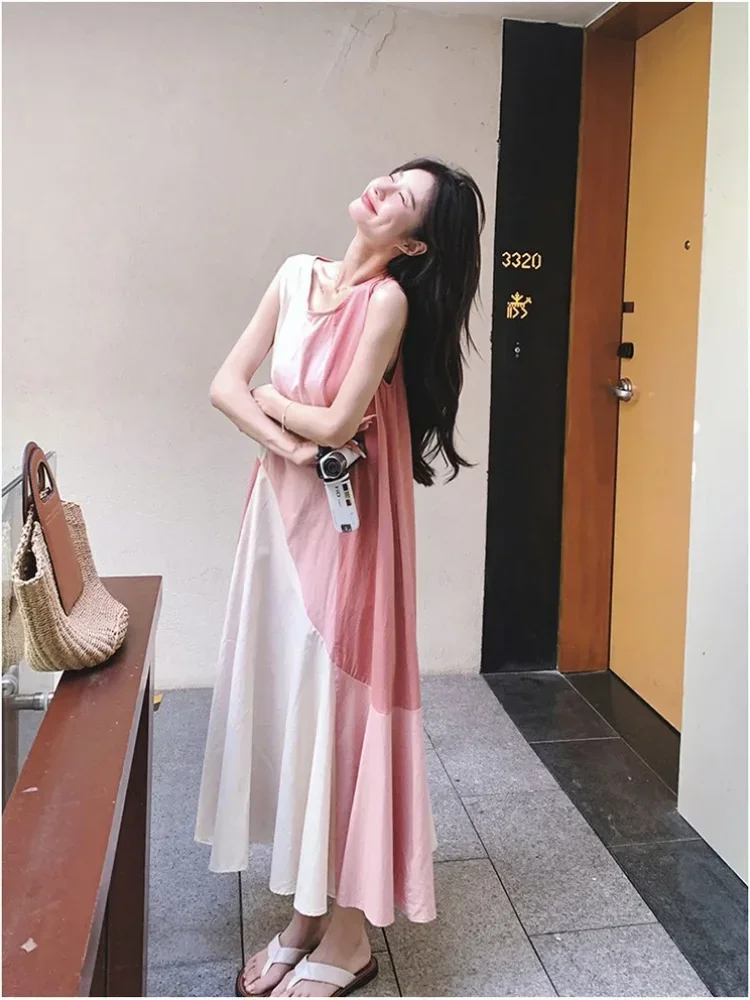 CHICMORE Gaun midi tanpa lengan model longgar warna kontras korean style