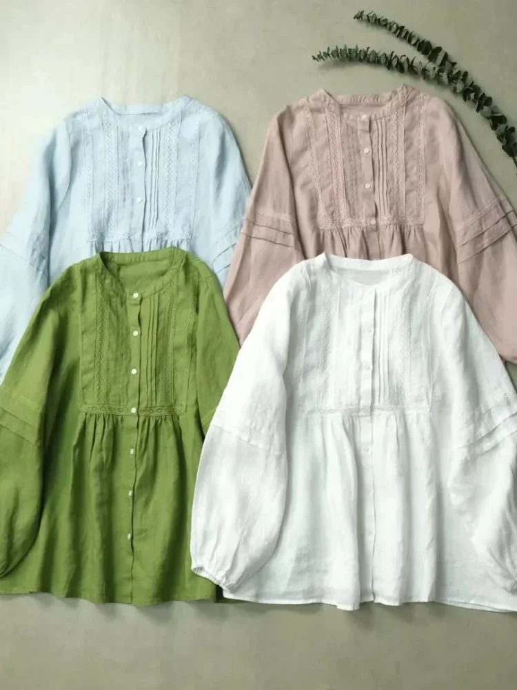 CHICMORE Kemeja model lipit warna solid dengan kerah bulat manis dan lengan panjang gaya korean