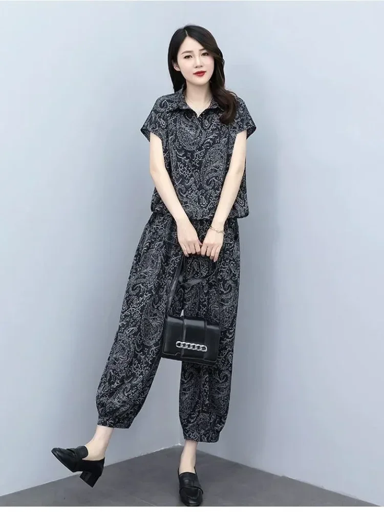 ASAYA Setelan dua potong motif cetak atasan lengan pendek dan celana panjang kaki lebar