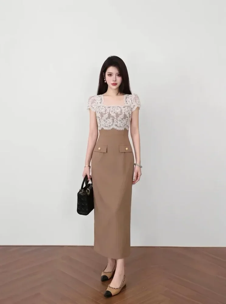 CHICMORE Gaun maxi lengan pendek dengan square neck slimfit bergaya elegan dan modis
