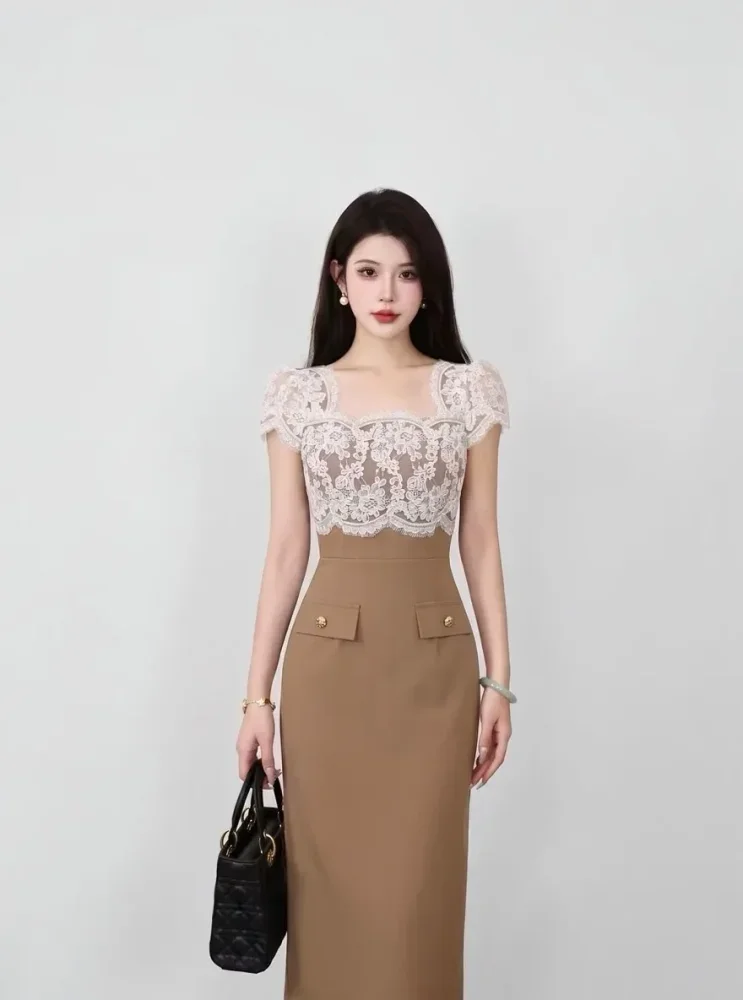 CHICMORE Gaun maxi lengan pendek dengan square neck slimfit bergaya elegan dan modis