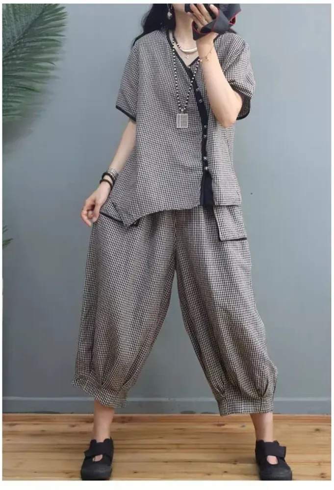ASAYA Setelan pakaian wanita lengan pendek motif plaid kekinian