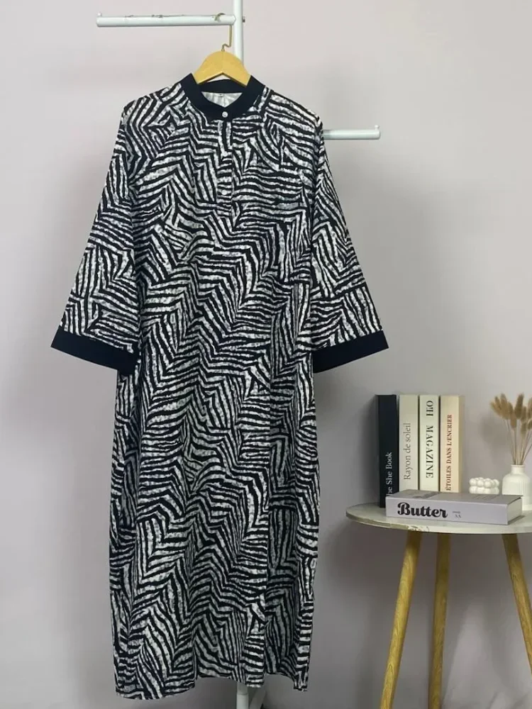 ASAYA Gamis wanita elegan motif garis kotak biru abu modern kekinian