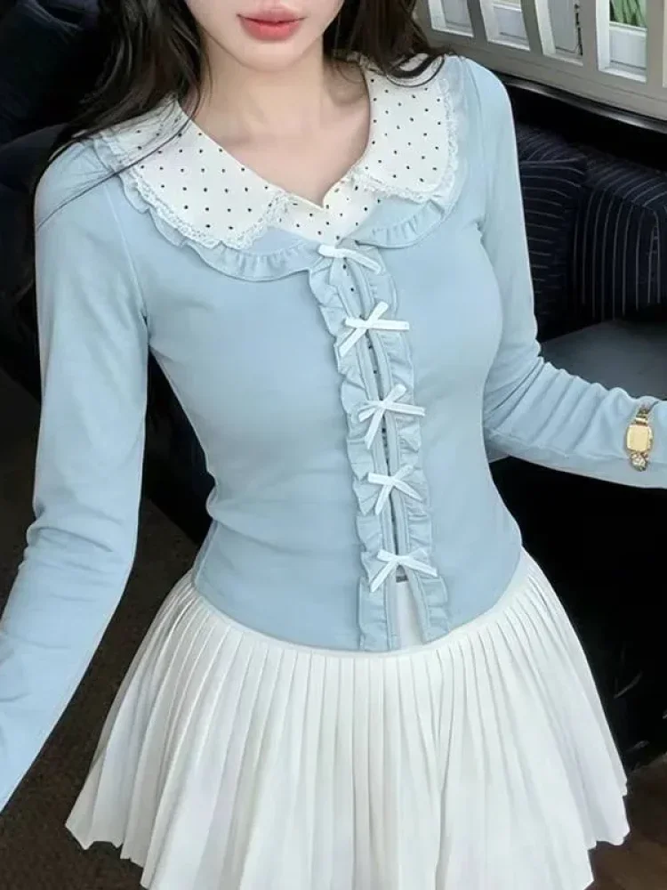 CHICMORE Atasan wanita dengan kerah polo lengan panjang dua potong palsu model kekinian gaya ala korea