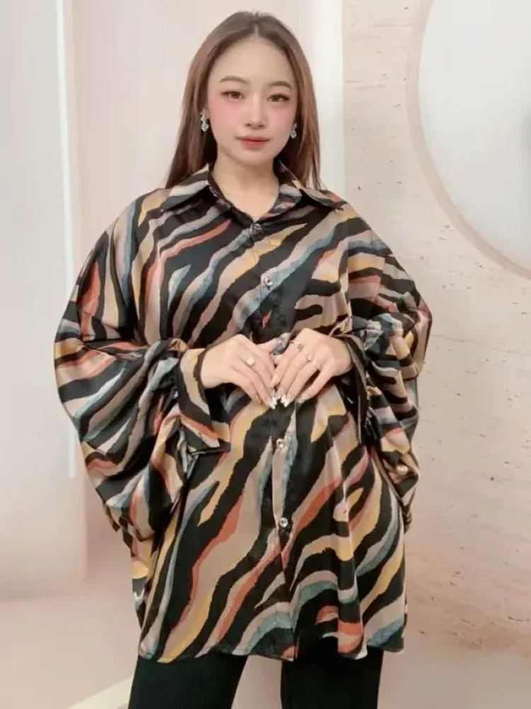 ASAYA Atasan kemeja motif cetak lengan panjang untuk wanita trendi