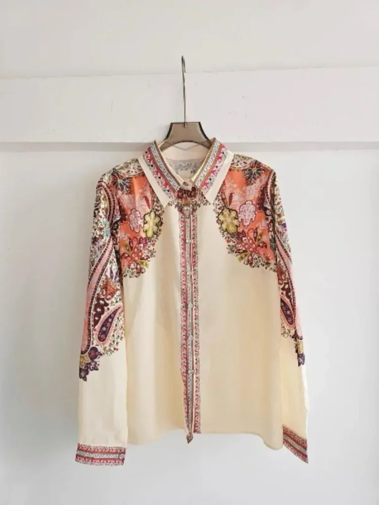FADFAD Kemeja motif cetak baru dengan kerah polo dan lengan panjang wanita tempramen