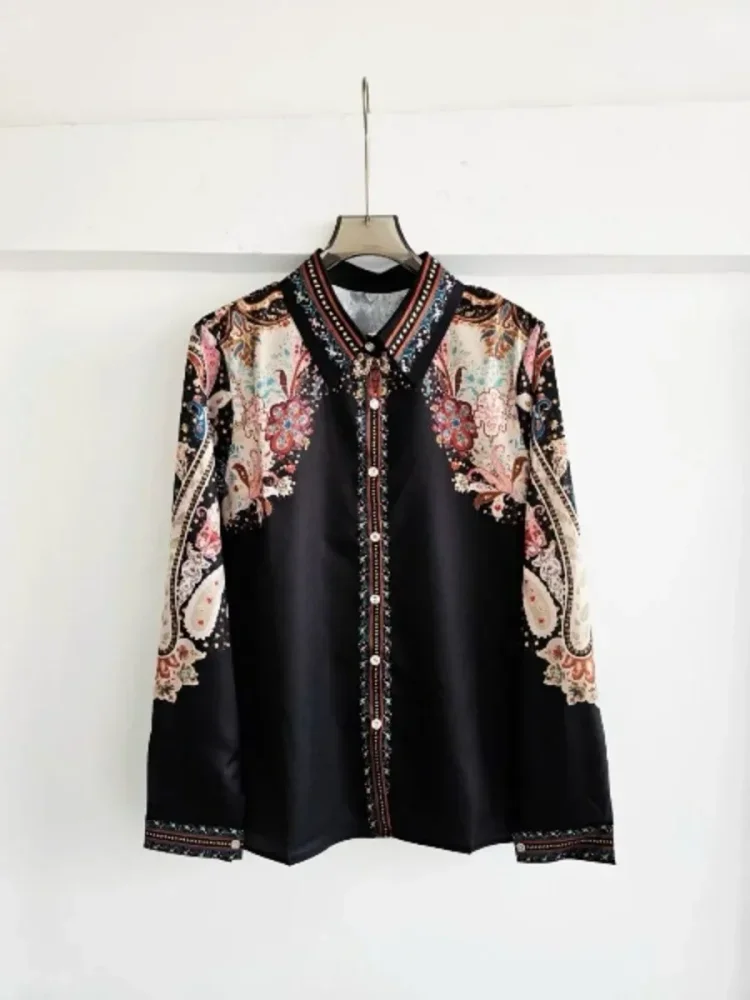 FADFAD Kemeja motif cetak baru dengan kerah polo dan lengan panjang wanita tempramen