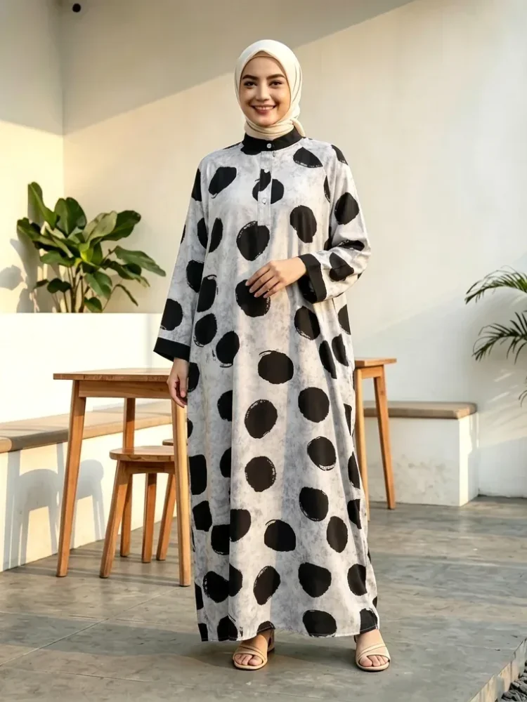 ASAYA Gamis wanita elegan motif garis kotak biru abu modern kekinian
