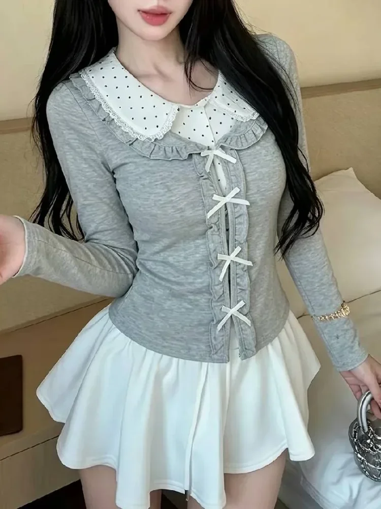 CHICMORE Atasan wanita dengan kerah polo lengan panjang dua potong palsu model kekinian gaya ala korea