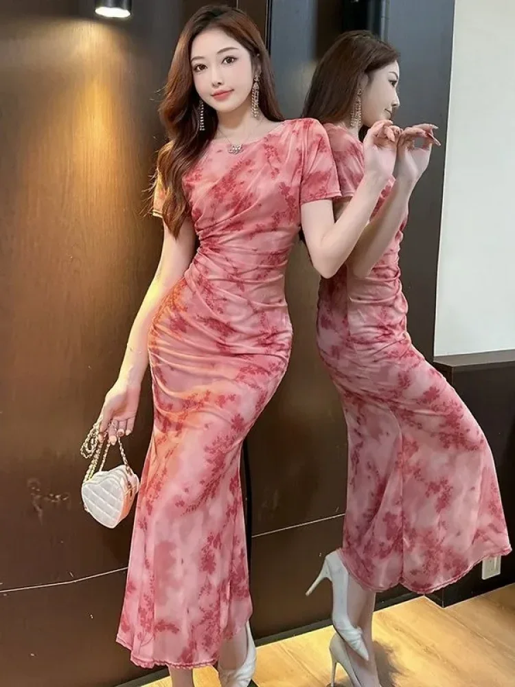 FADFAD Gaun maxi bermotif bunga gaya retro desain slim fit lengan pendek