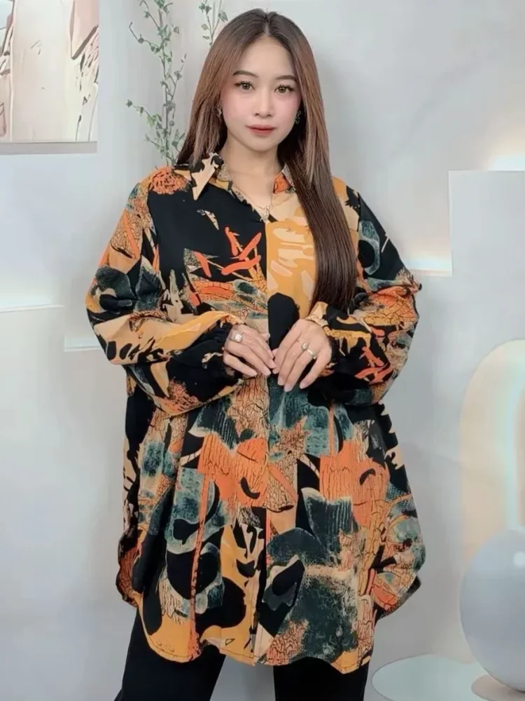 ASAYA Kemeja motif cetak berkerah dengan gaya santai untuk wanita