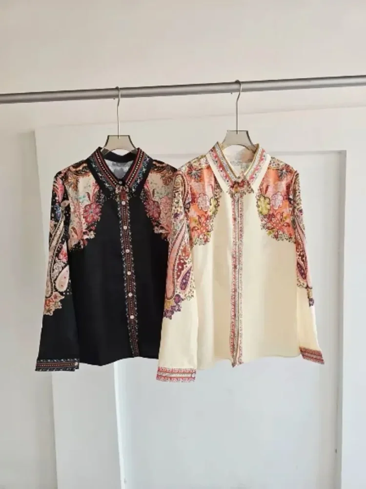 FADFAD Kemeja motif cetak baru dengan kerah polo dan lengan panjang wanita tempramen
